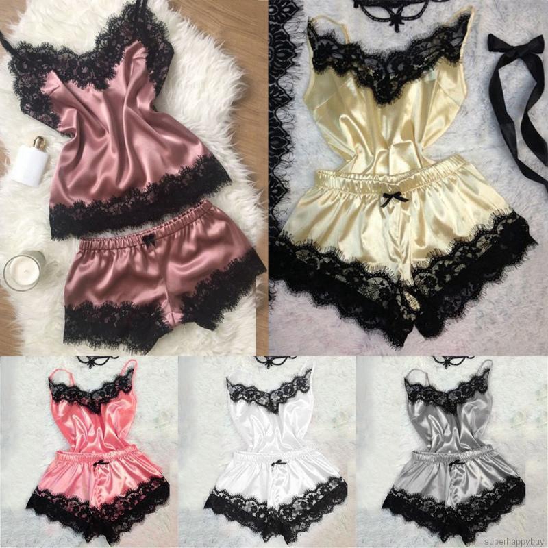 Bộ Đồ Ngủ Áo Hai Dây Phối Quần Short Vải Lụa Phối Ren Gợi Cảm Thời Trang Cho Phụ Nữ ( Có Bán Lẻ)