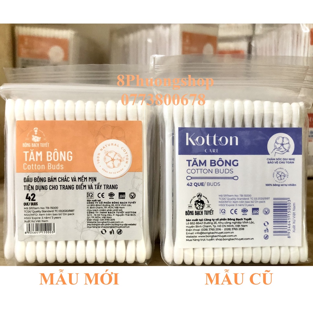 Tăm Bông 42 que COTTON BUDS Mẫu Mới ( 10 gói ) - Tăm bông Bạch Tuyết đầu Tăm Lớn 42 que