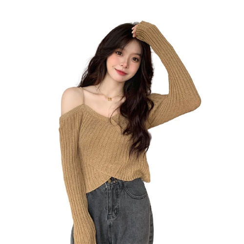 QKOOLE  Áo dệt kim tay dài cổ chữ V phong cách Hàn Quốc cho nữ