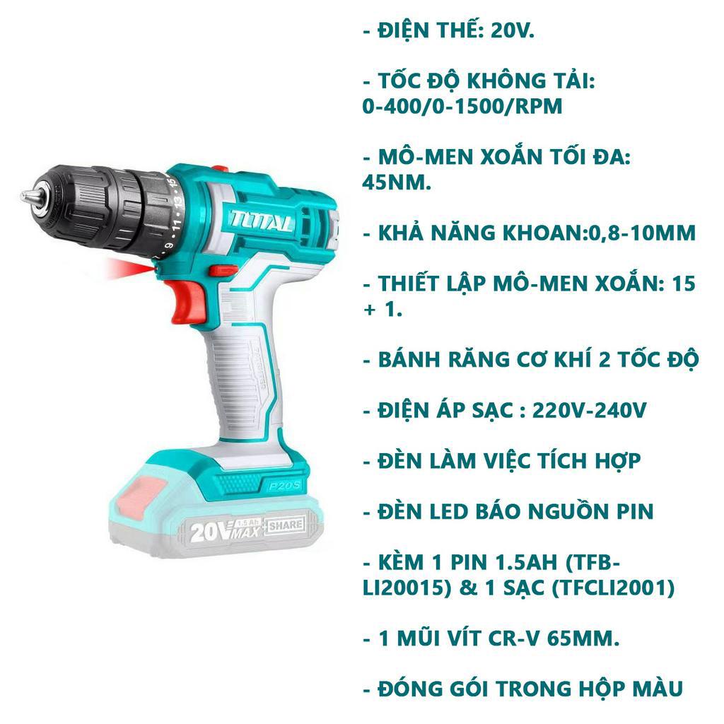 Máy khoan pin 20V TOTAL TDLI20051 khả năng khoan 0.8-10mm, bánh răng cơ khí 2 tốc độ, kèm 1 pin 1.5Ah 1 sạc - chính hãng