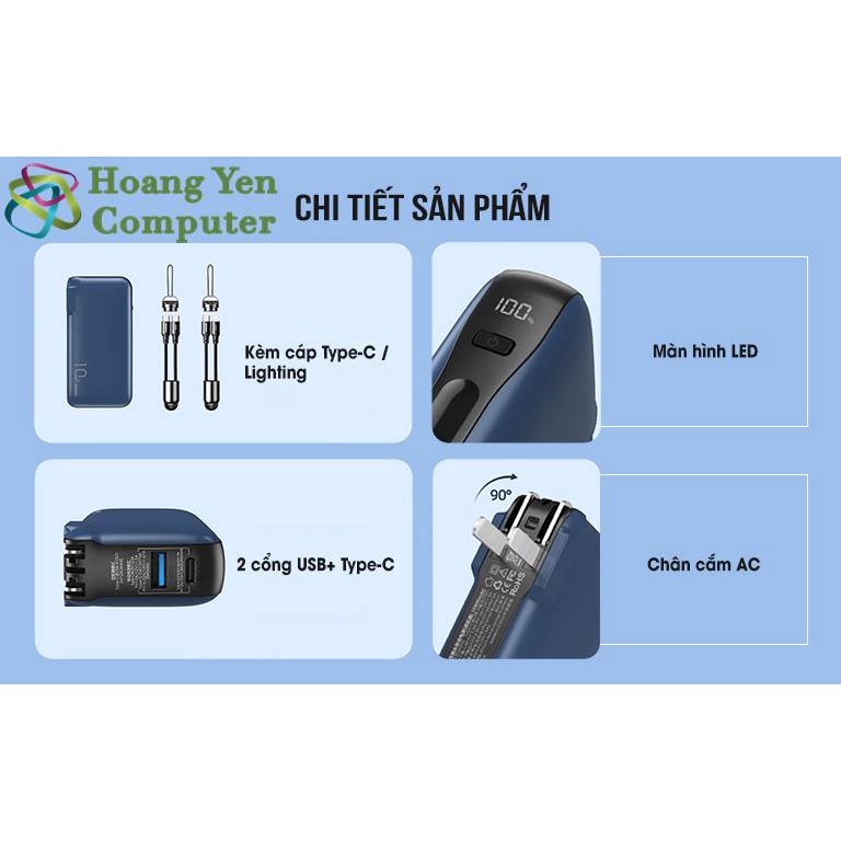 Sạc Dự Phòng Remax RPP-278 10000Mah (Sạc Nhanh QC3.0, PD20W), Nguồn AC Sạc Trực Tiếp - BH 1 Năm - Hoangyencomputer