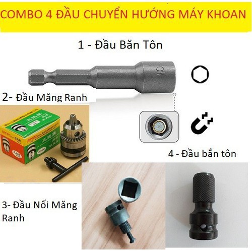 4 đầu chuyển đổi máy khoan, Đầu măng ranh + Đầu nối măng ranh + Đầu băn tôn + Đầu chuyển đổi vít
