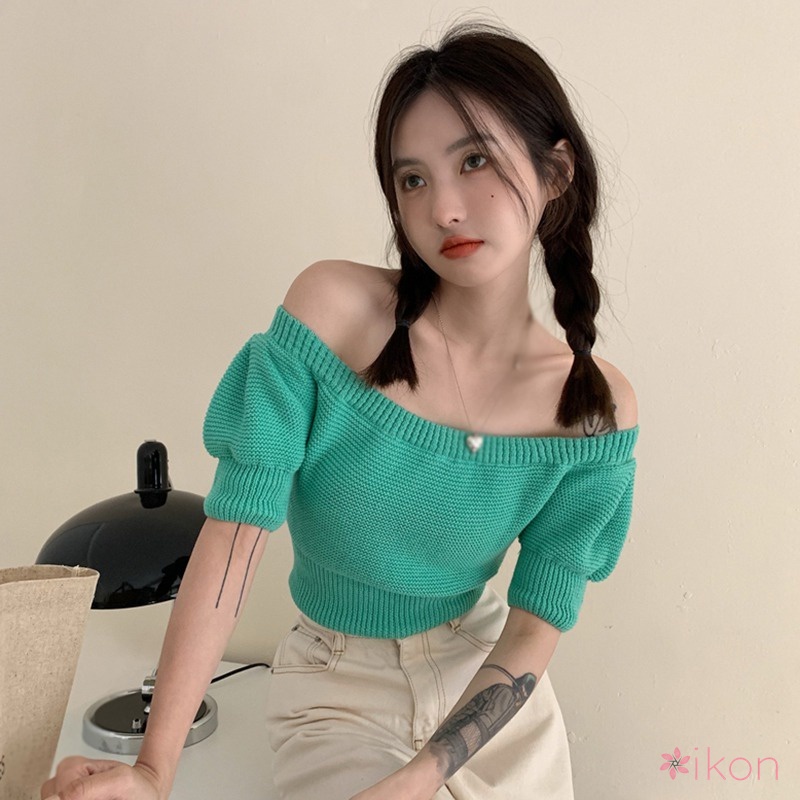 Áo Dệt Kim Trễ Vai Ngắn Tay Màu Sắc Tương Phản Ngọt Ngào Cho Nữ