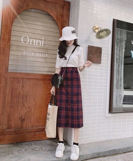 Set váy vintage váy kẻ áo phông