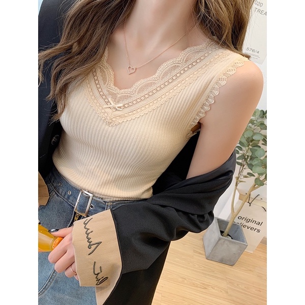 Áo 2 dây mặc vest phối ren cỗ chữ V cao cấp