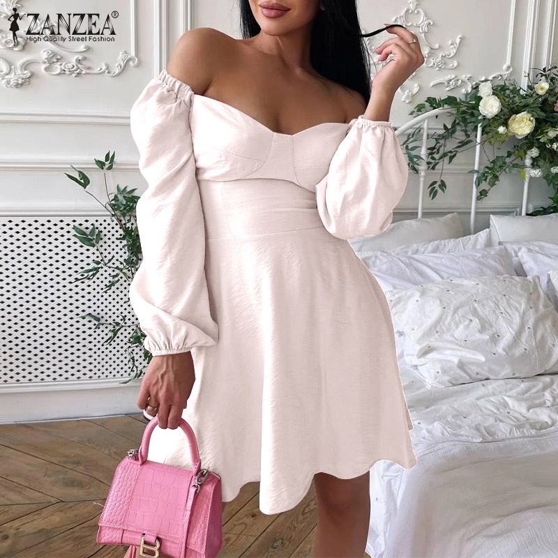 Đầm mini ZANZEA cổ vuông rộng khoét sâu dài tay