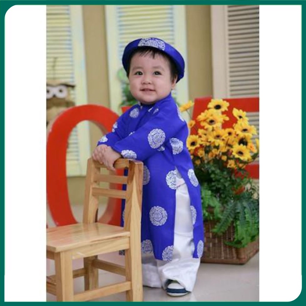 ÁO DÀI KHĂN XẾP MÀU XANH TRUYỀN THỐNG TRẺ EM HOA ĐỒNG TIỀN, ÁO DÀI TRẺ CON ADTEĐX-Xanh