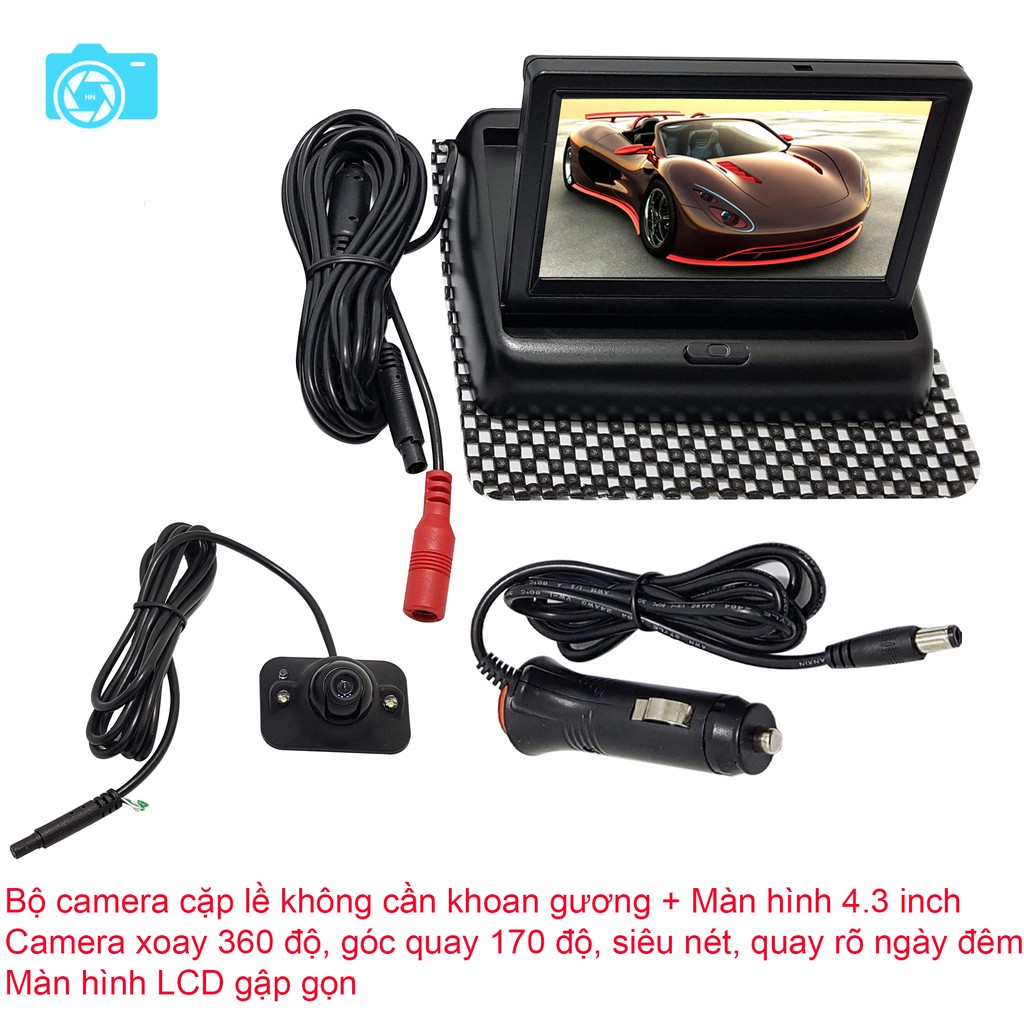 Bộ camera cặp lề không cần khoan gương và màn hình LCD 4.3 inch gập gọn, 800x480, chống nước, rõ nét ngày cũng như đêm