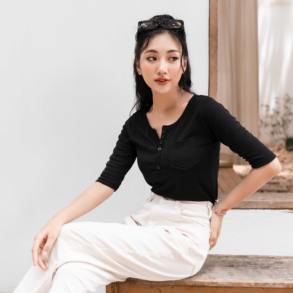 Áo thun gân tay lỡ The Basic dáng ôm co giãn thoáng mát