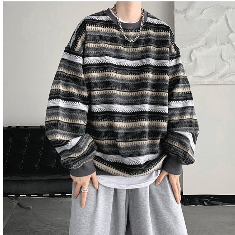 Áo Sweater Tay Dài Cổ Tròn Dáng Rộng Họa Tiết Kẻ Sọc Màu Tương Phản Phong Cách Nhật Bản Cổ Điển Thời Trang Cho Nam Size M-5XL