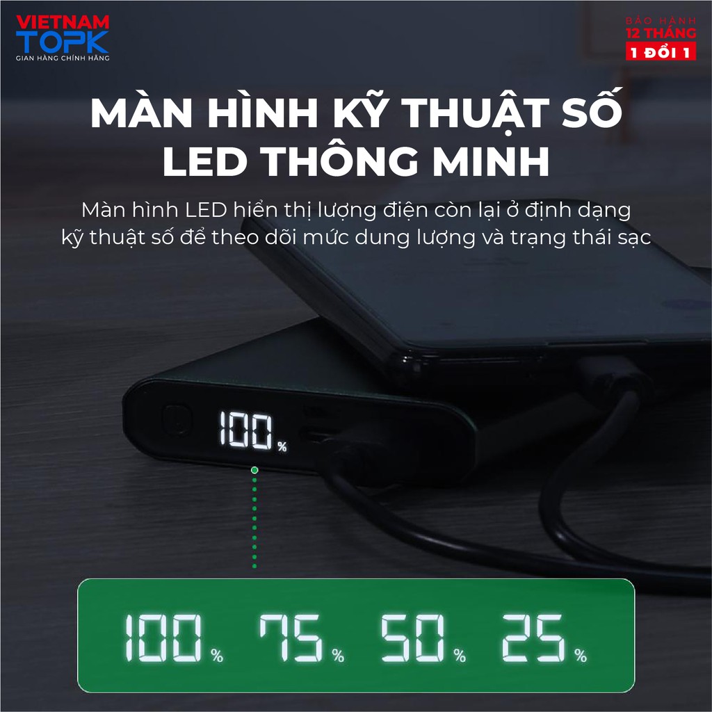 Sạc dự phòng TOPK I1006P 10000mAh - Sạc PD 18W - Màn hình LED - Hàng phân phối chính hãng - Bảo hành 12 tháng 1 đổi 1