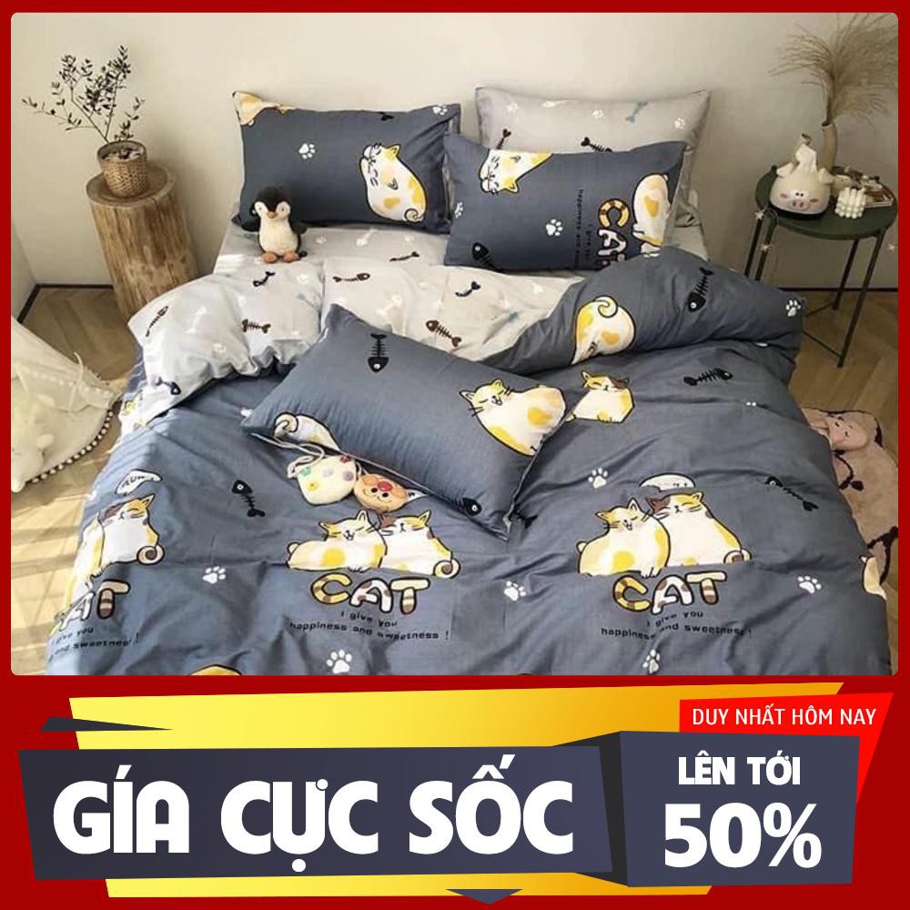 Bộ chăn ga gối , drap giường chất cotton poly họa tiết mèo vàng