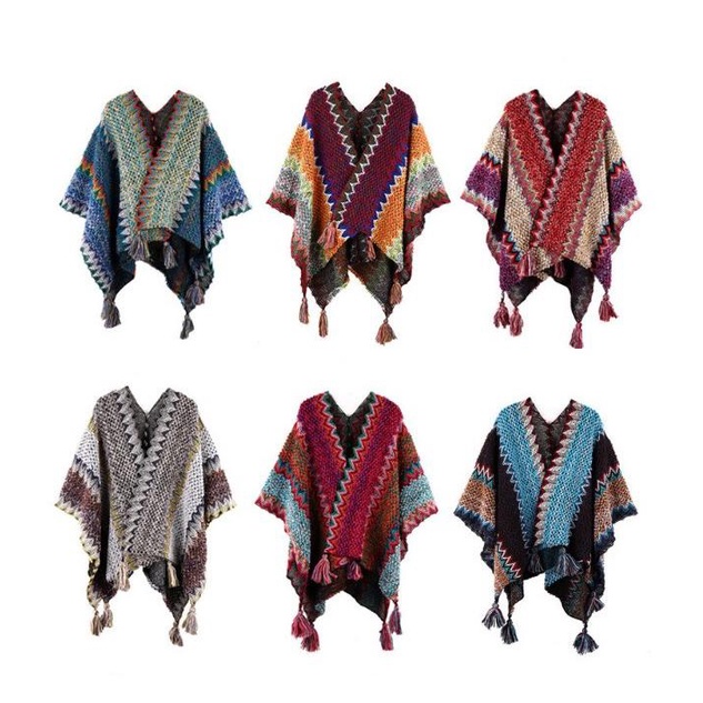 Khăn áo choàng boho thổ cẩm nữ mùa thu đông kiểu khoác ngoài chất len móc dày ấm 106*135cm - AC0201 The Collar Box