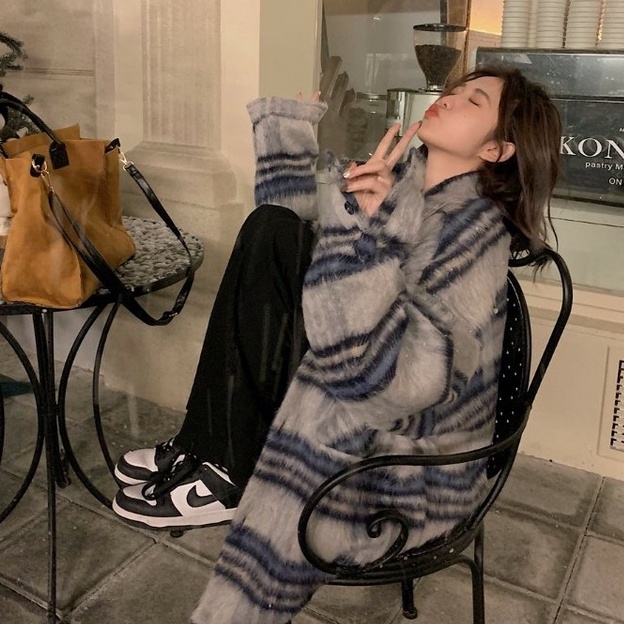 ZHELIHANGFEI Áo Khoác Len Tay Dài Cổ POLO Form Rộng Họa Tiết Kẻ Sọc Hợp Thời Trang