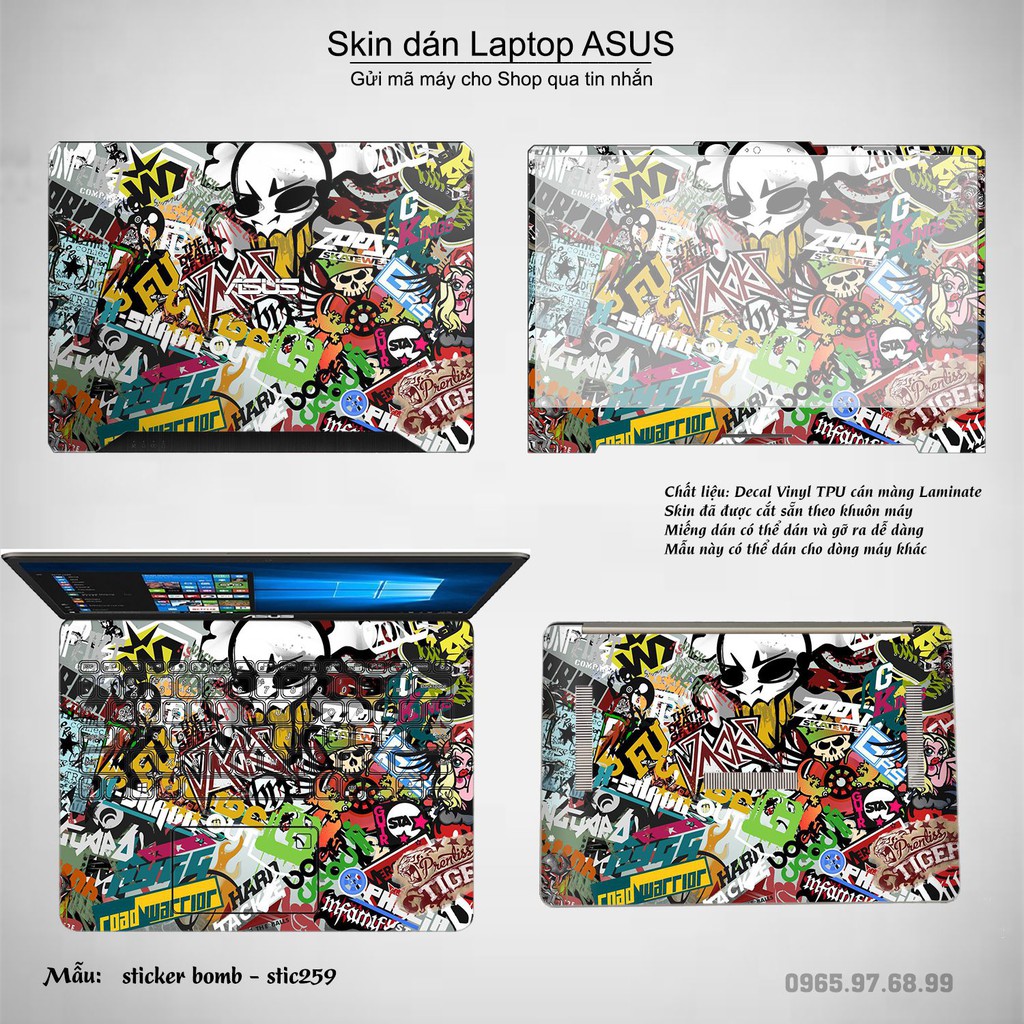 Skin dán Laptop Asus in hình sticker bomb (inbox mã máy cho Shop)