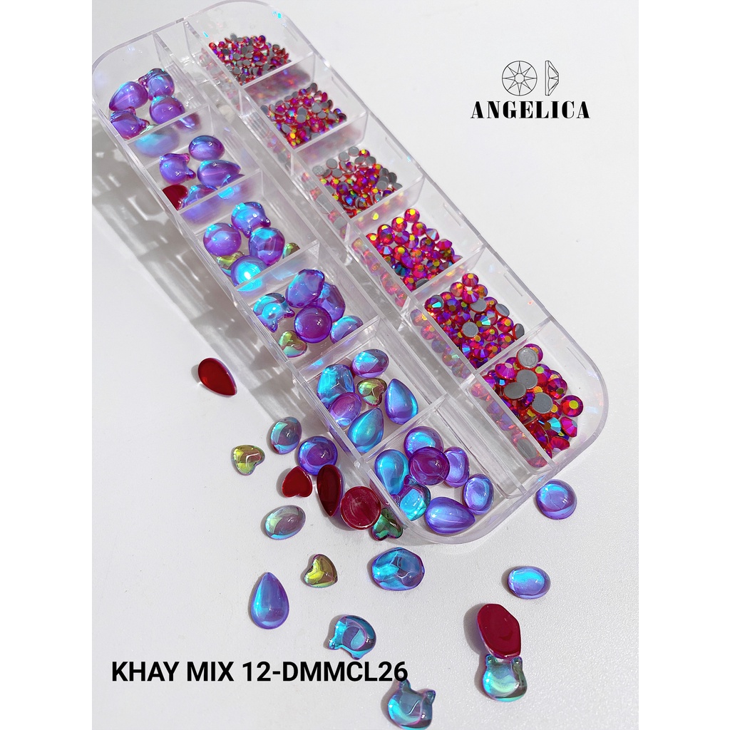 Khay Đá Mắt Mèo Mix Đá Chân Lưới, Chân Keo Đính Nail Màu Pha Lê Trang Trí Móng ANGELICA M12-DMMCL