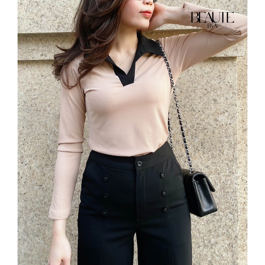 BEAUTEBYV - Áo len tăm nữ tay dài phối cổ đen Maroon