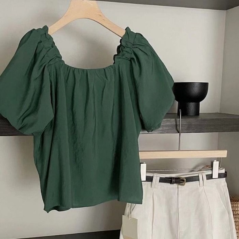 Áo Sơ Mi Tay Ngắn Cổ Vuông Màu Trơn Dáng Rộng Thời Trang Mùa Hè Cho Nữ