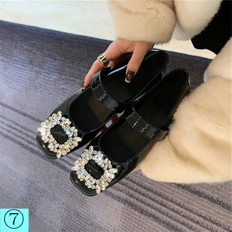 Giày Búp Bê Da Mũi Vuông Đế Thấp Đính Đá Trang Trí Sang Trọng Thời Trang Xuân Thu 2022 Cho Nữ