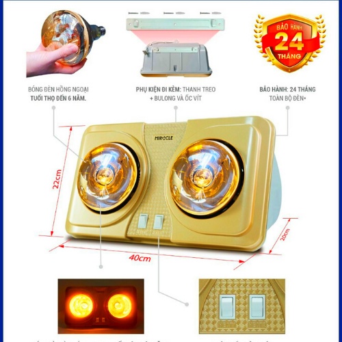 Đèn sưởi nhà tắm MIROCLE - MDS001 ( 2 bóng 550W ) tiết kiệm điện,không khô da ( bảo hành 24 tháng )