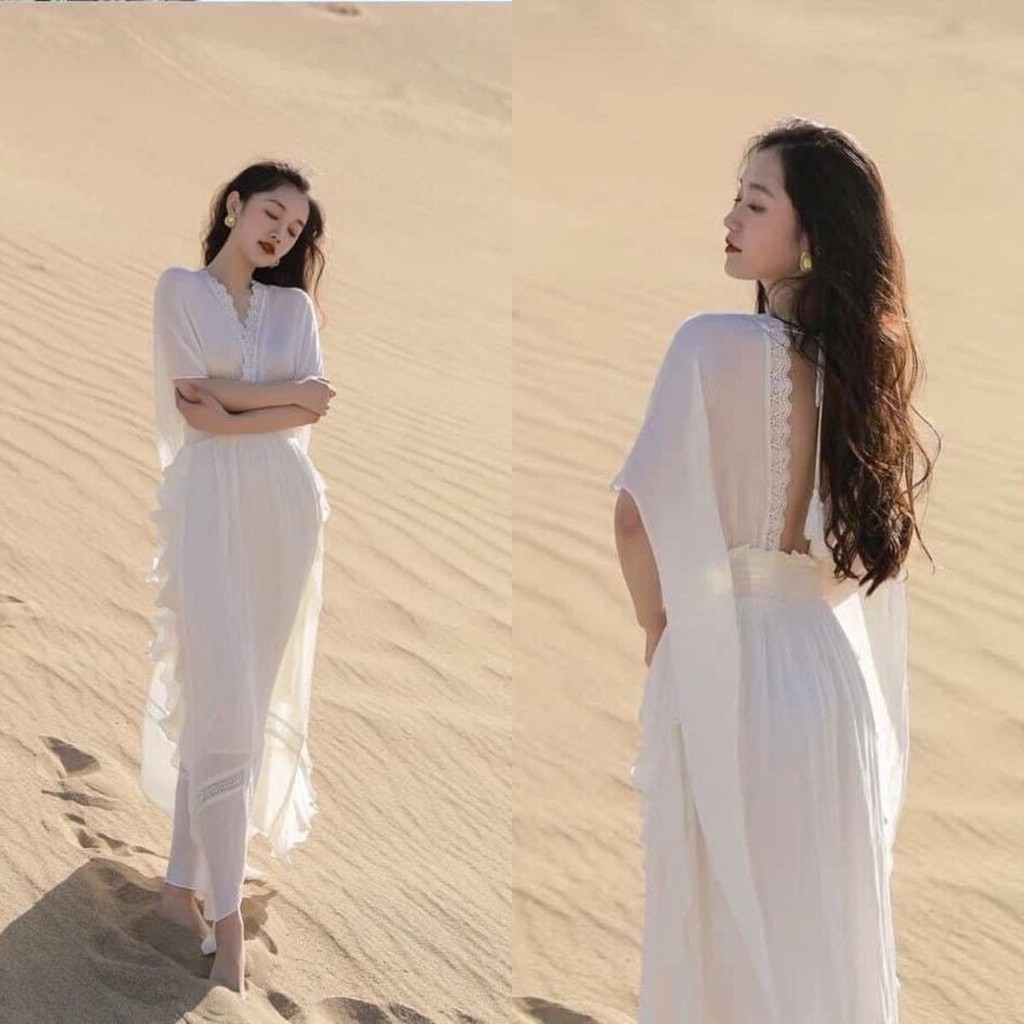 Đầm váy maxi trắng phối bèo sẻ tà nhúm eo dáng dài công chúa hở lưng đi biển chgupj hình kỉ yếu nàng thơ Hà Kiều MSP054
