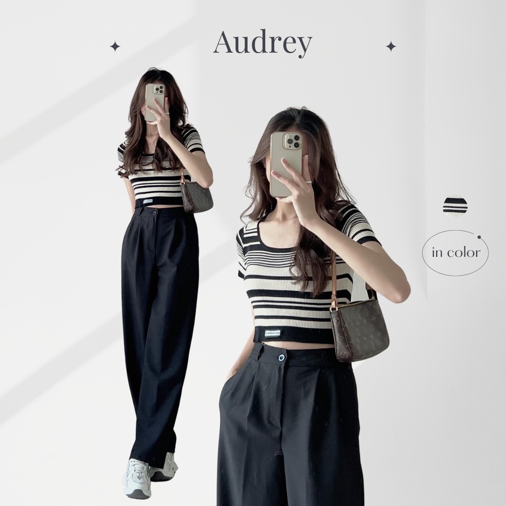 A625 Áo croptop len tăm nữ AUDREY ngắn tay dáng ôm kẻ ngang co giãn tốt