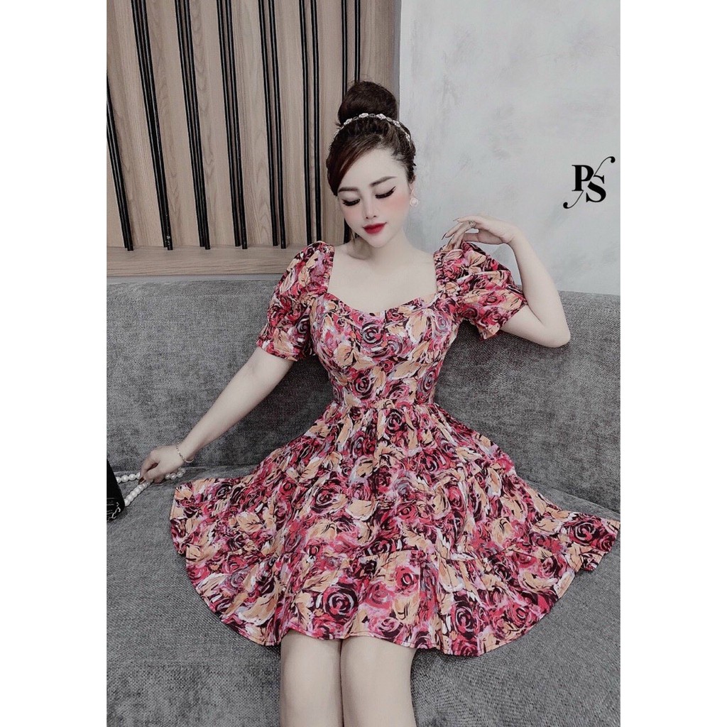 Đầm váy nữ cổ vuông tay phồng in họa tiết hoa hồng from dáng xòe sang trọng thời trang nữ cho nàng dự tiệc, dạo phố