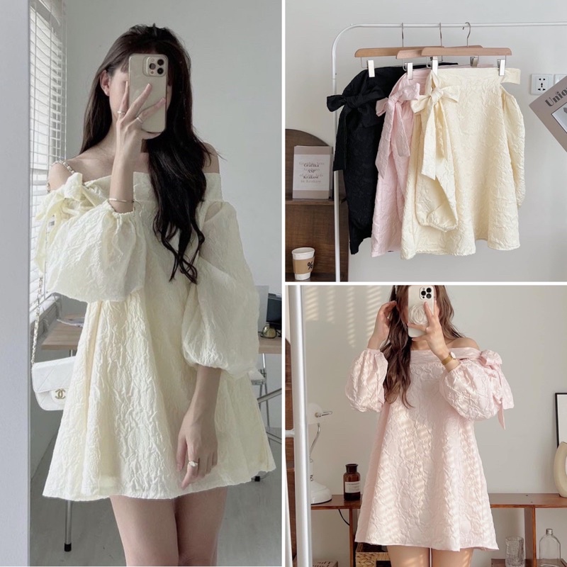 Váy GẤM trễ vai lệch thắt nơ tay bồng dáng A chuzme