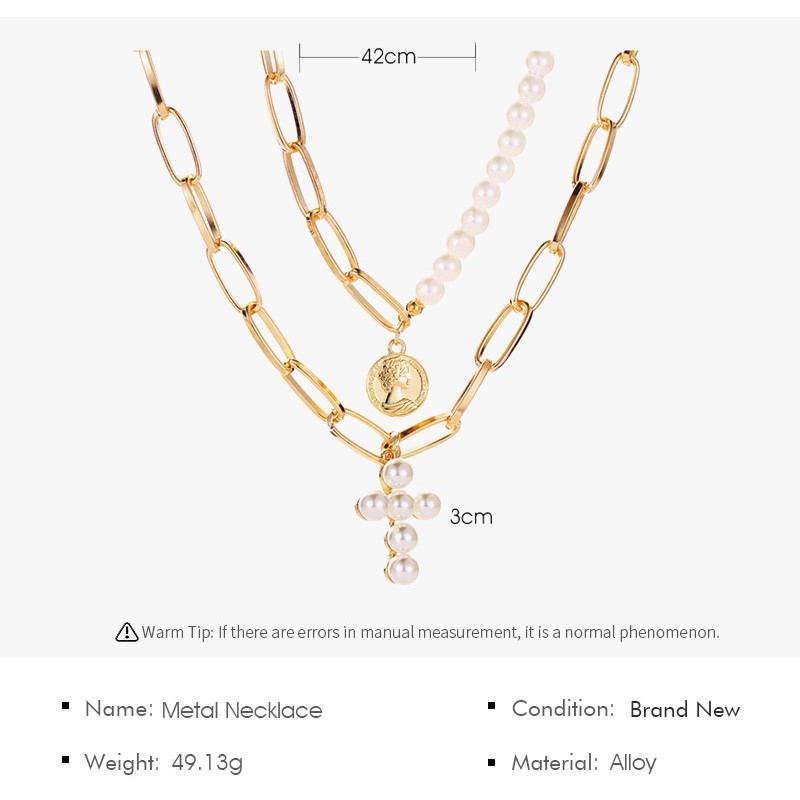 Dây chuyền nhiều lớp kiểu mắt xích dày dặn phối hình chữ thập bằng ngọc trai giả thời trang