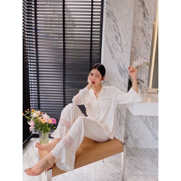 Pijama dài dài trơn trắng lụa satin cao cấp quảng châu
