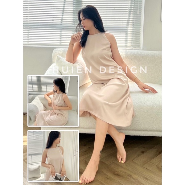 Đầm váy nữ 2 dây dáng dài form suông cổ yếm chất lụa mát hàng thiết kế Huien Design đầm maxi đi biển form Hàn Quốc
