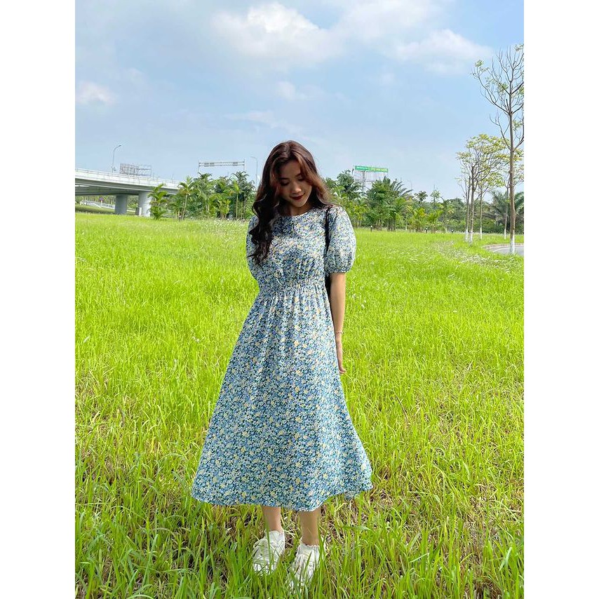 (FREESHIP)Đầm hoa nhí xanh dương bo eo