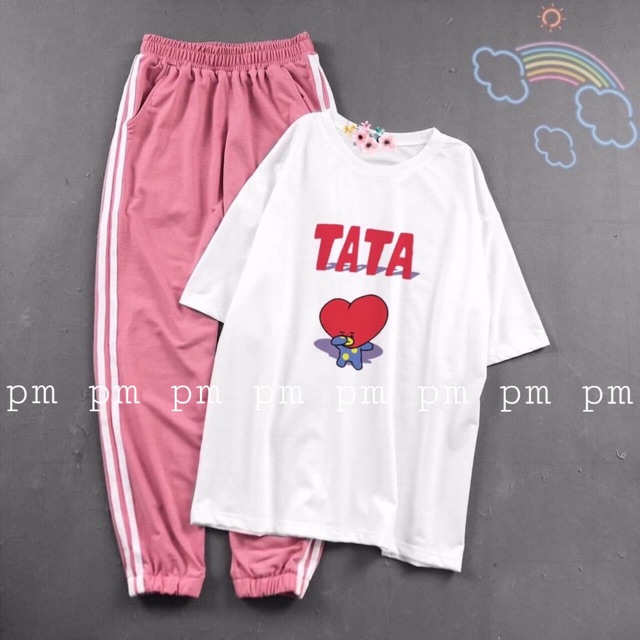 Sét áo tim TATA +quần sọc bo gấu