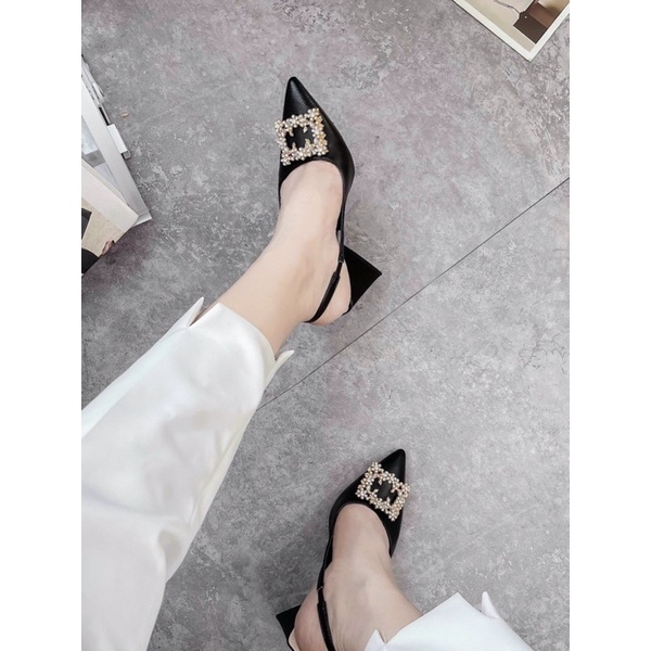 Bán Sỉ-Giày cao gót tam giác hở gót mũi nhọn da sần hoa đá vuông