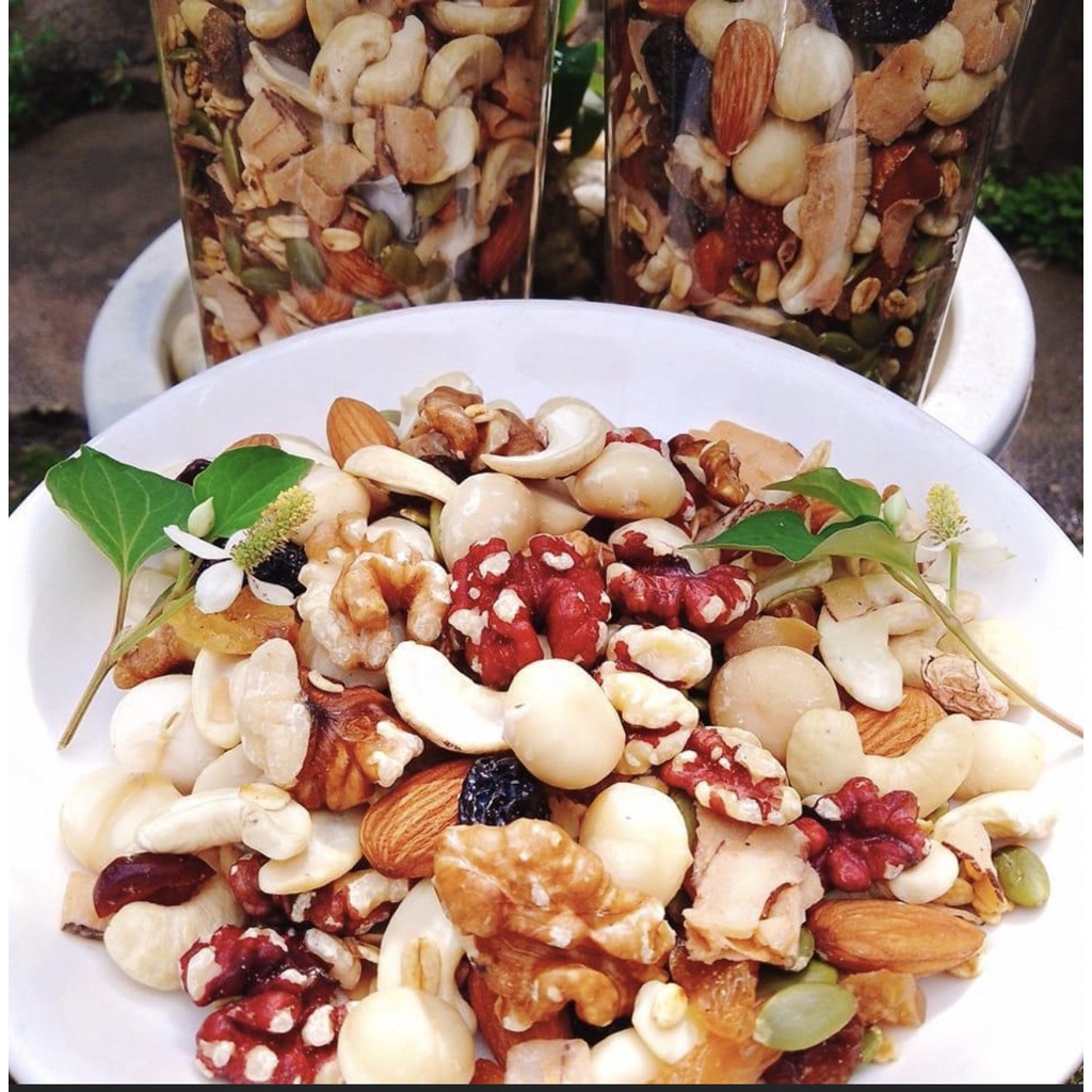 500g Granola siêu hạt thêm macca, óc chó đỏ (ít hoa quả sấy) ăn kiêng giảm cân, ngũ cốc dinh dưỡng cho bà bầu