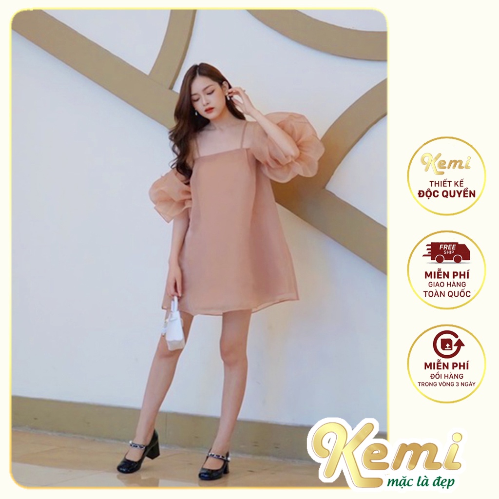 Váy trễ vai tay bồng 2 dây vải Organza cao cấp Kemi thiết kế dáng tiểu thư sẵn 3 màu