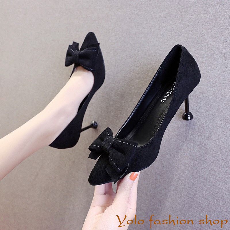 Giày cao gót nữ da mềm gót nhọn 7cm đính nơ hàng Quảng Châu cao cấp CC09