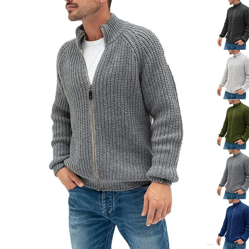 Áo khoác cardigan dệt kim cổ cao màu trơn phối khóa kéo thời trang thu đông cho nam 2021