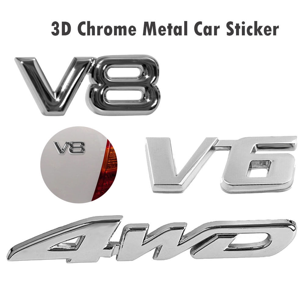 Decal kim loại nổi 3D 4WD V6 V8 dán xe hơi