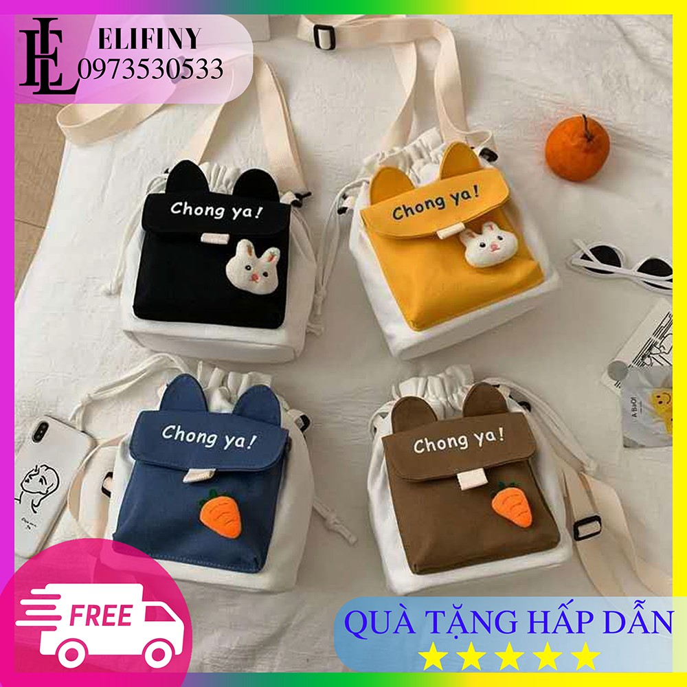 Túi Đeo Chéo Vải Canvas Rút Miệng Chong Ya Thời Trang Phong Cách Nhật Bản Siêu Dễ Thương Tặng Kèm Sticker Xinh Xắn