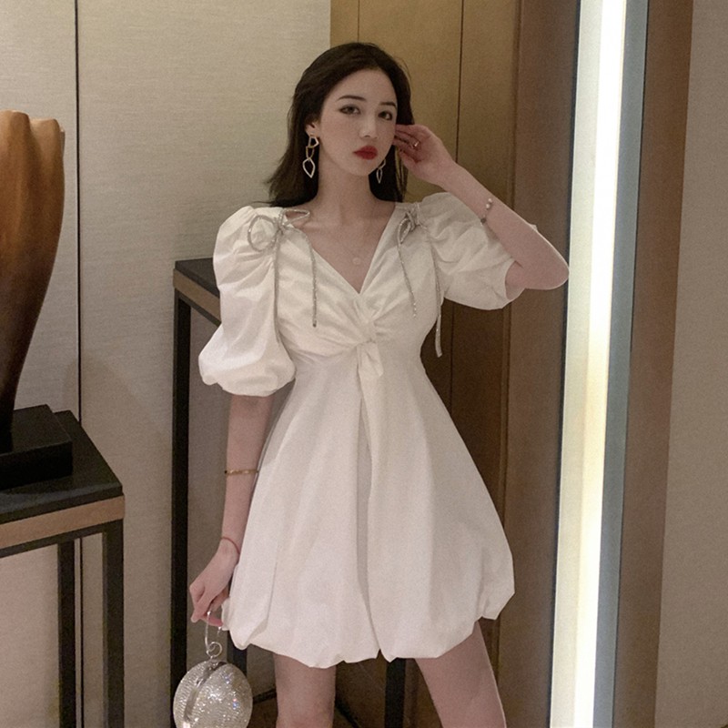Đầm ulzzang babydoll tay phồng có nơ size S M