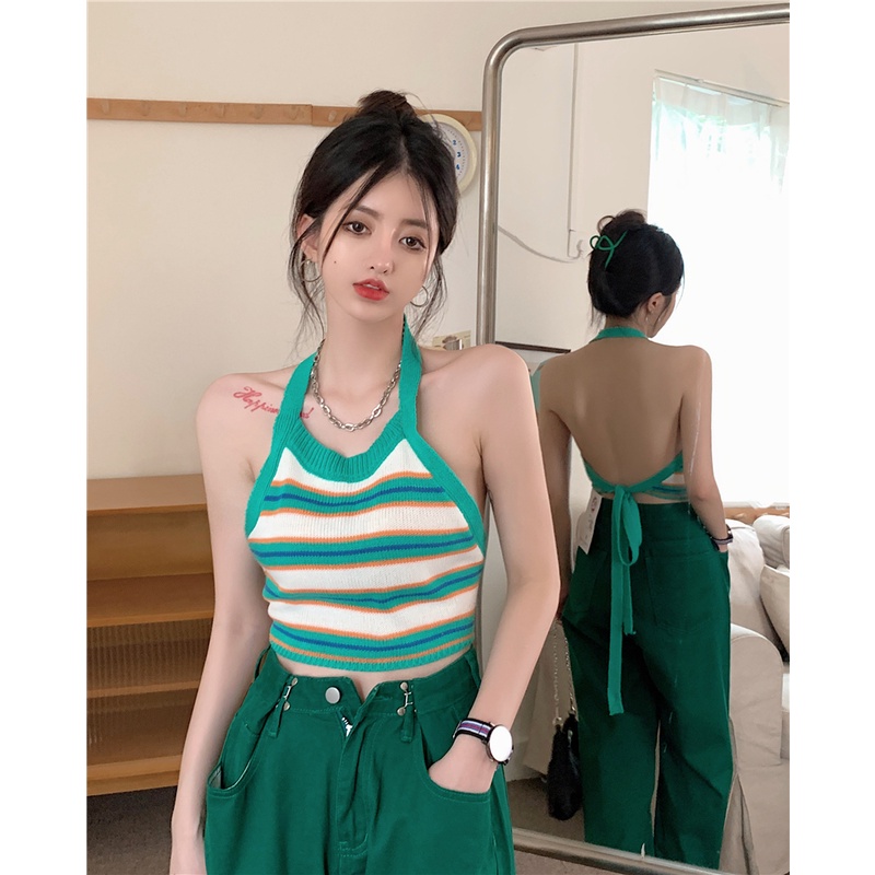 Áo Dệt Kim Cổ Yếm Hở Lưng Họa Tiết Kẻ Sọc Ngọt Ngào