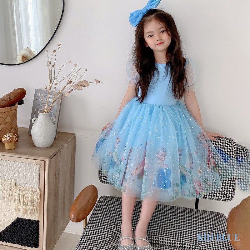 Đầm Lưới Tay Ngắn In Họa Tiết Hoạt Hình Phong Cách Hàn Quốc Thời Trang Xuân Hè Xinh Xắn Cho Bé Gái