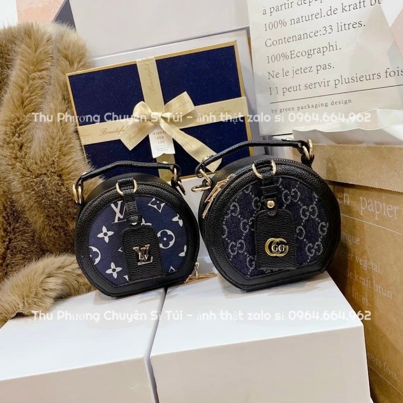 Cốp mini tròn l.v - g.g size 15 chất da cao cấp kèm dây đeo chéo (ảnh thật shop chụp)