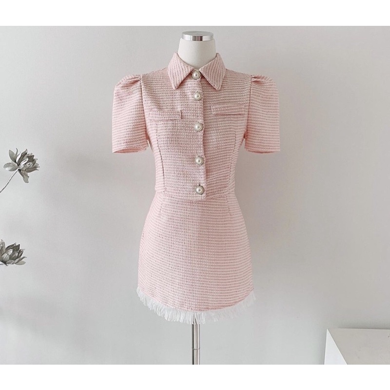 |JOY SET| Set tiểu thư áo nút ngọc chân váy hồng phấn TLÉA