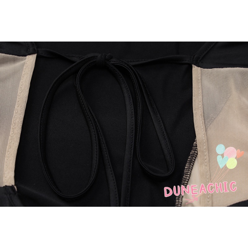 DUNEA Đầm Dài Tay Cổ Tròn Phối Lưới Hở Lưng Gợi Cảm Cho Nữ