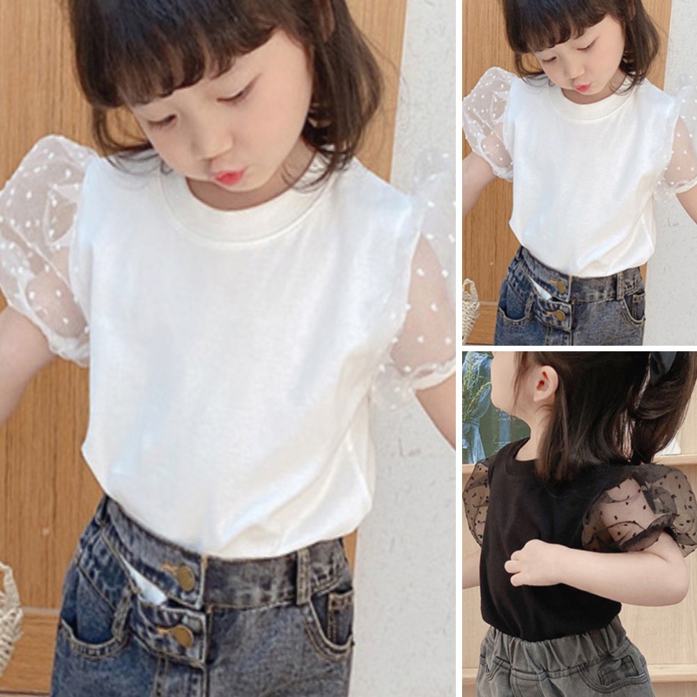 Áo Thun Tay Ngắn Phồng Phối Lưới Họa Tiết Chấm Bi Dễ Thương Thời Trang Mùa Hè Cho Bé Gái