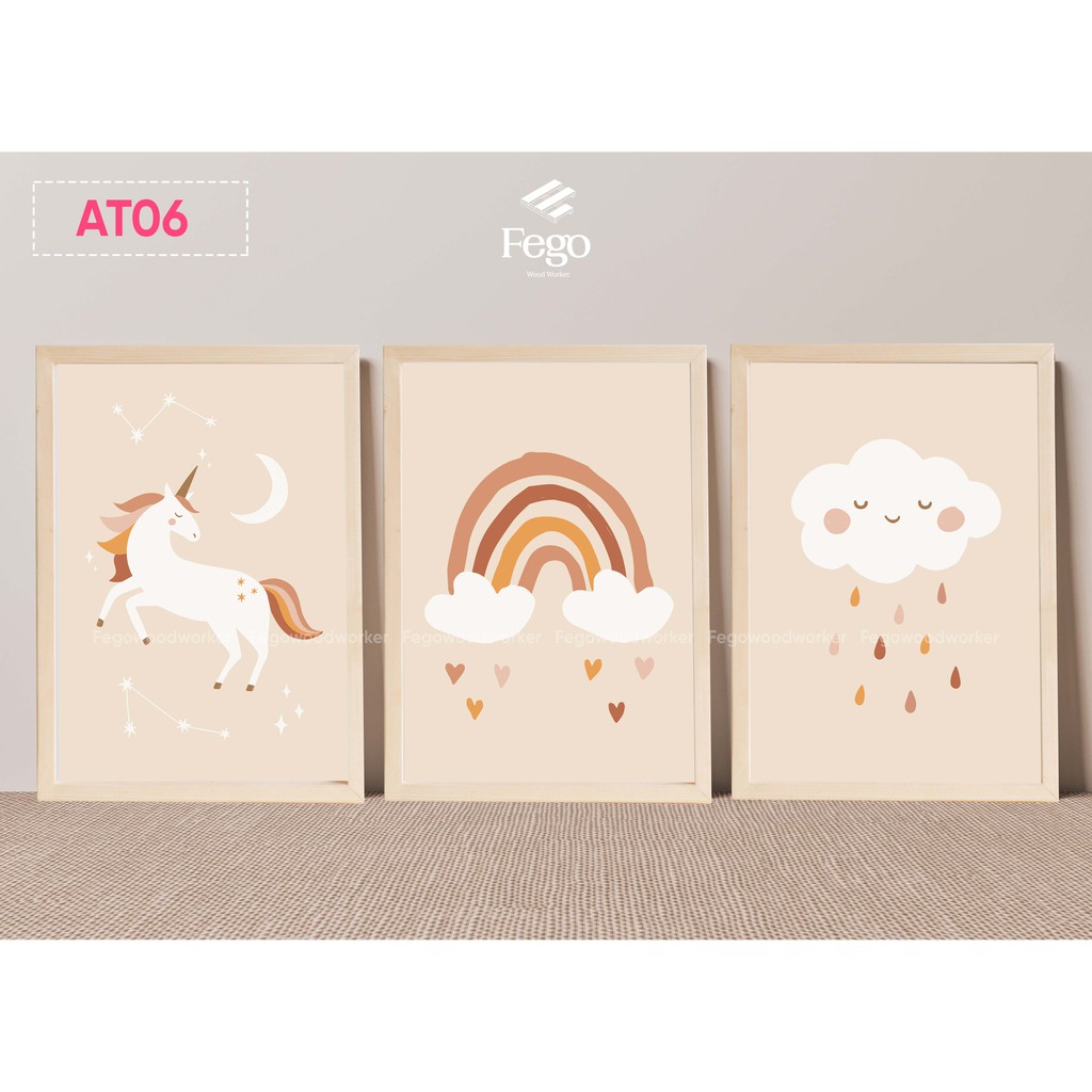 Set 3 tranh treo tường kèm khung gỗ tự nhiên size A3, A4/ Khung tranh hoạ tiết phong cách nổi bật FEGO