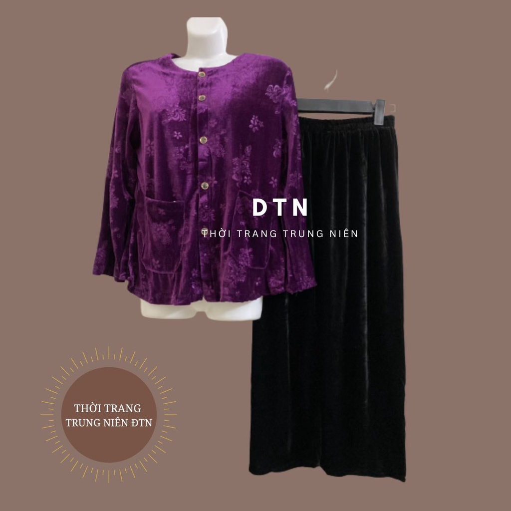 Bộ đồ nhung người già dài tay mùa thu đông bộ quần áo dài tay cho mẹ cho bà bộ quần áo trung niên mặc nhà