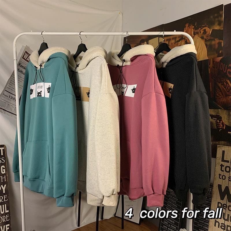 Áo hoodie form rộng dáng dài chùm mông mũ trắng Mew mew dày dặn